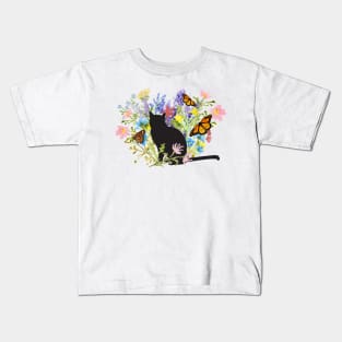 Flower Garden Kitty Cat Butterflies Kids T-Shirt